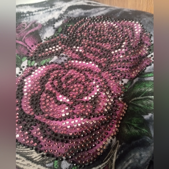 Sinful Black /White Print With Pink Roses and Skull Small Size Stretchy - Picture 8 of 14